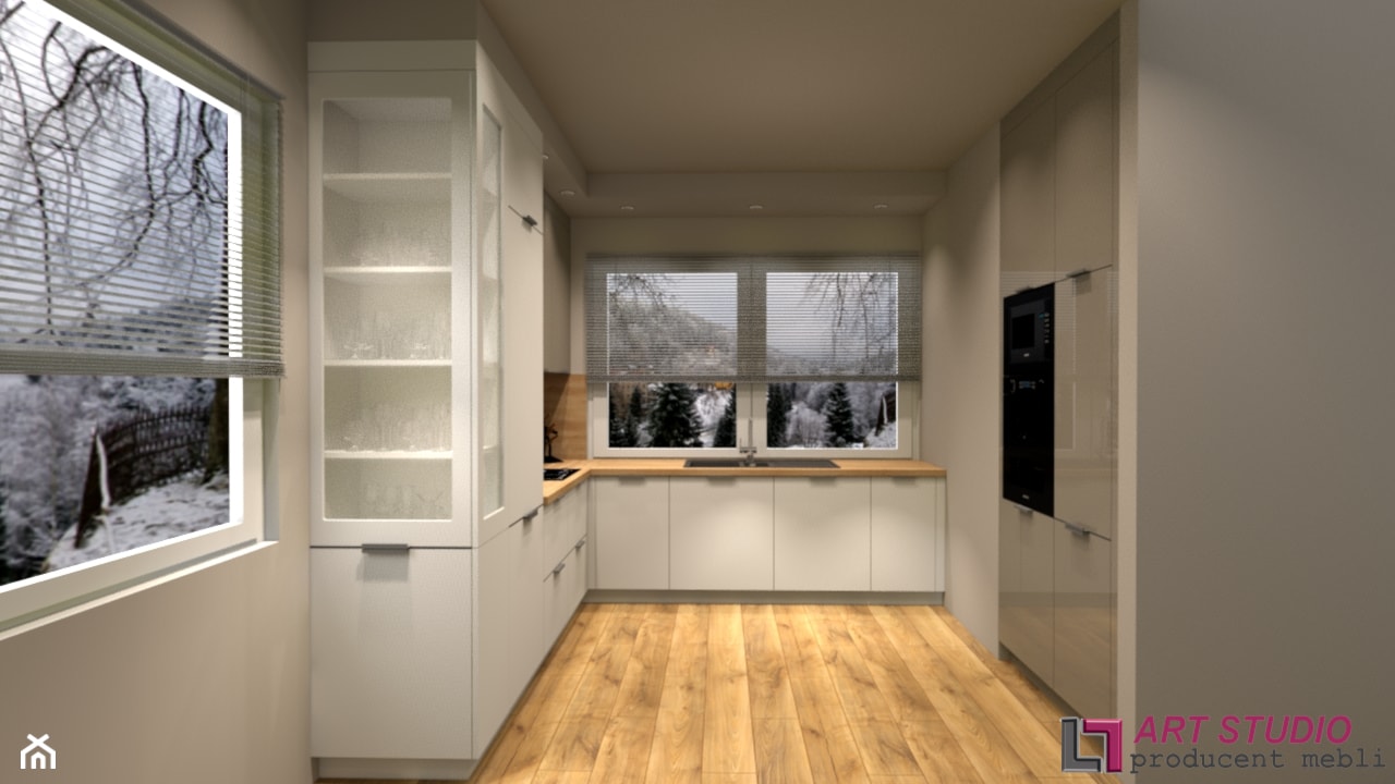 Wizualizacje projektowe kuchni - Duża zamknięta szara z zabudowaną lodówką z nablatowym zlewozmywakiem kuchnia w kształcie litery u z oknem, styl nowoczesny - zdjęcie od Art.studio - Homebook