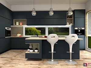 Wizualizacje projektowe kuchni - Duża otwarta szara z zabudowaną lodówką z nablatowym zlewozmywakiem kuchnia w kształcie litery l z wyspą lub półwyspem z oknem, styl nowoczesny - zdjęcie od Art.studio