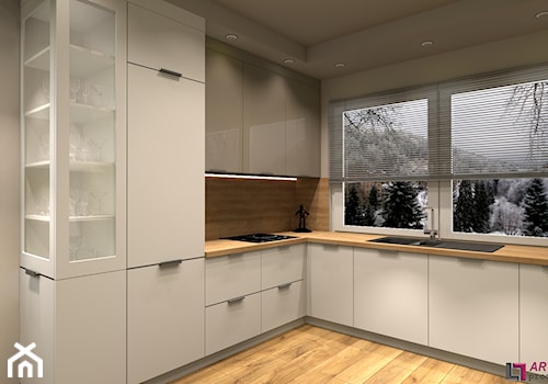 Wizualizacje projektowe kuchni - Średnia otwarta biała z zabudowaną lodówką z nablatowym zlewozmywakiem kuchnia w kształcie litery l z oknem, styl nowoczesny - zdjęcie od Art.studio