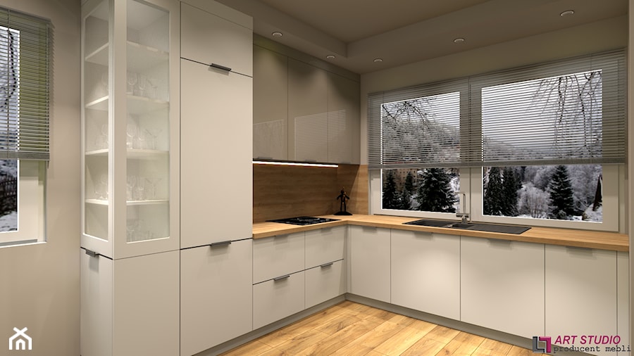 Wizualizacje projektowe kuchni - Średnia otwarta biała z zabudowaną lodówką z nablatowym zlewozmywakiem kuchnia w kształcie litery l z oknem, styl nowoczesny - zdjęcie od Art.studio