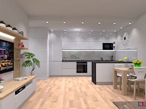 Wizualizacje projektowe kuchni - Duża otwarta biała kuchnia w kształcie litery u w aneksie, styl mi ... - zdjęcie od Art.studio