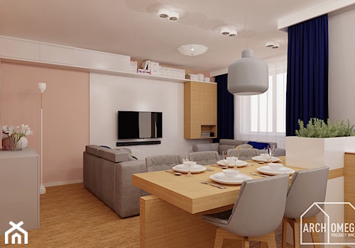 mieszkanie w ciepłej kolorystyce - Duża beżowa szara jadalnia w salonie - zdjęcie od Archomega Biuro Architektoniczne