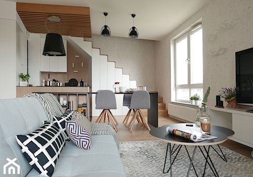 KONKURS - mieszkanie z kuchnią pod schodami - Średni szary salon z kuchnią z jadalnią, styl skandynawski - zdjęcie od Archomega Biuro Architektoniczne