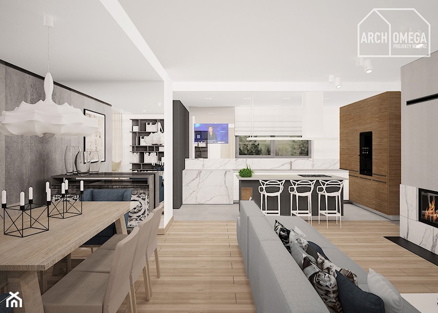 styl fusion salon kuchnia jadalnia - zdjęcie od Archomega Biuro Architektoniczne