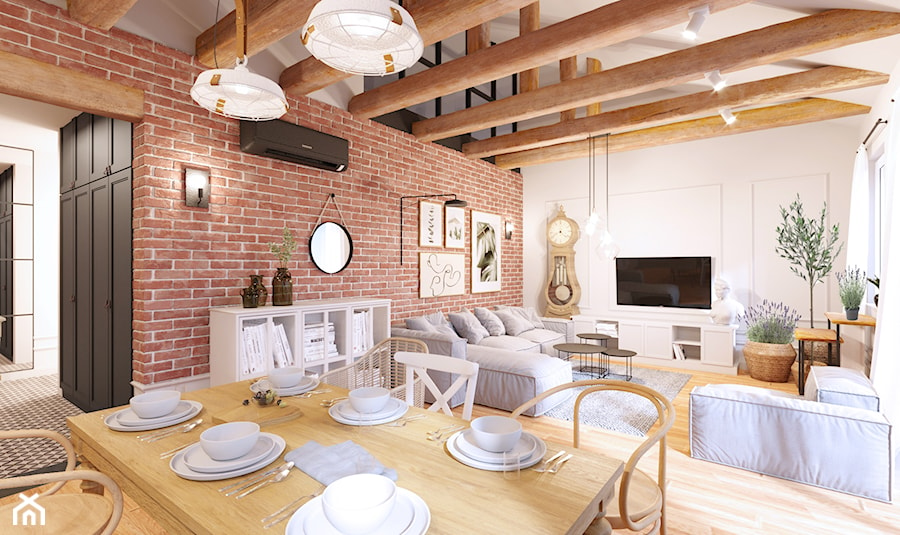 Rustykalny salon z kuchnią - zdjęcie od Archomega Biuro Architektoniczne