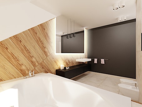 Aranżacje wnętrz - Łazienka: łazienka w drewnie i czerni - Archomega Biuro Architektoniczne. Przeglądaj, dodawaj i zapisuj najlepsze zdjęcia, pomysły i inspiracje designerskie. W bazie mamy już prawie milion fotografii!
