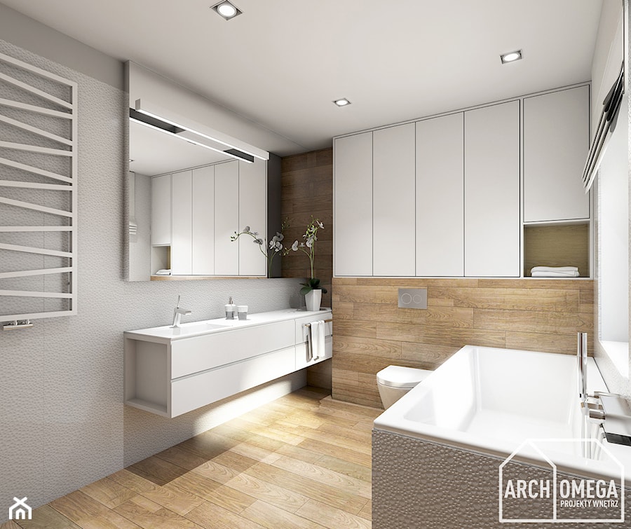 łazienka biel i drewno - zdjęcie od Archomega Biuro Architektoniczne