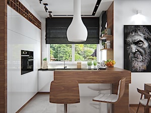 Średnia otwarta z salonem biała z zabudowaną lodówką kuchnia w kształcie litery g z oknem, styl skandynawski - zdjęcie od iProjektowanieWnętrz