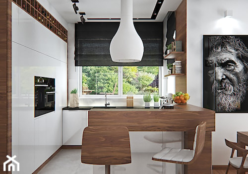 Średnia otwarta z salonem biała z zabudowaną lodówką kuchnia w kształcie litery g z oknem, styl skandynawski - zdjęcie od iProjektowanieWnętrz