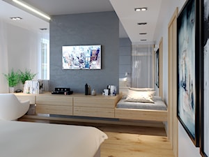Średnia biała szara sypialnia z garderobą - zdjęcie od iProjektowanieWnętrz