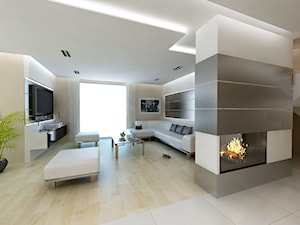 Duży beżowy biały salon, styl minimalistyczny - zdjęcie od iProjektowanieWnętrz
