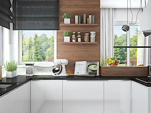 Średnia otwarta z salonem biała z zabudowaną lodówką z podblatowym zlewozmywakiem kuchnia w kształcie litery u z oknem, styl skandynawski - zdjęcie od iProjektowanieWnętrz
