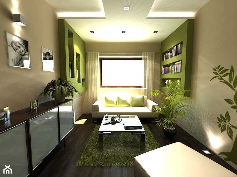 Średni beżowy zielony salon z bibiloteczką, styl glamour - zdjęcie od iProjektowanieWnętrz