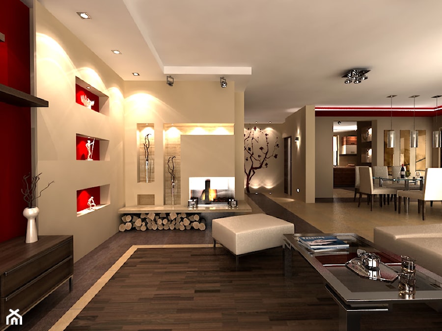 Średni beżowy czerwony salon z kuchnią z jadalnią, styl nowoczesny - zdjęcie od iProjektowanieWnętrz