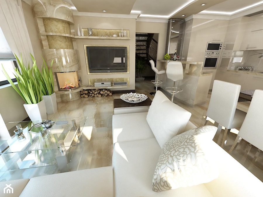 Średni beżowy salon z kuchnią z jadalnią, styl glamour - zdjęcie od iProjektowanieWnętrz
