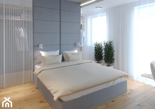 Średnia biała z biurkiem sypialnia z garderobą z balkonem / tarasem, styl skandynawski - zdjęcie od iProjektowanieWnętrz