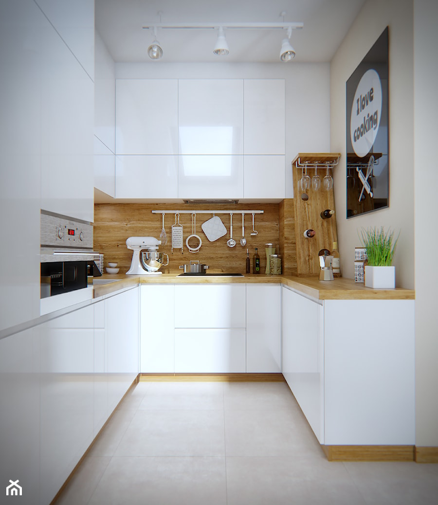 Mała zamknięta z salonem beżowa biała z zabudowaną lodówką kuchnia w kształcie litery u z oknem - zdjęcie od iProjektowanieWnętrz