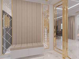 Projekt wnętrz w stylu glamour pod Krakowem - Średni z zabudową meblową z prostokątnym lustrem beżowy biały z lustrem na ścianie z farbą na ścianie z marmurem na podłodze z przeszklonymi drzwiami z gładkimi drzwiami hol / przedpokój, styl glamour - zdjęcie od iProjektowanieWnętrz