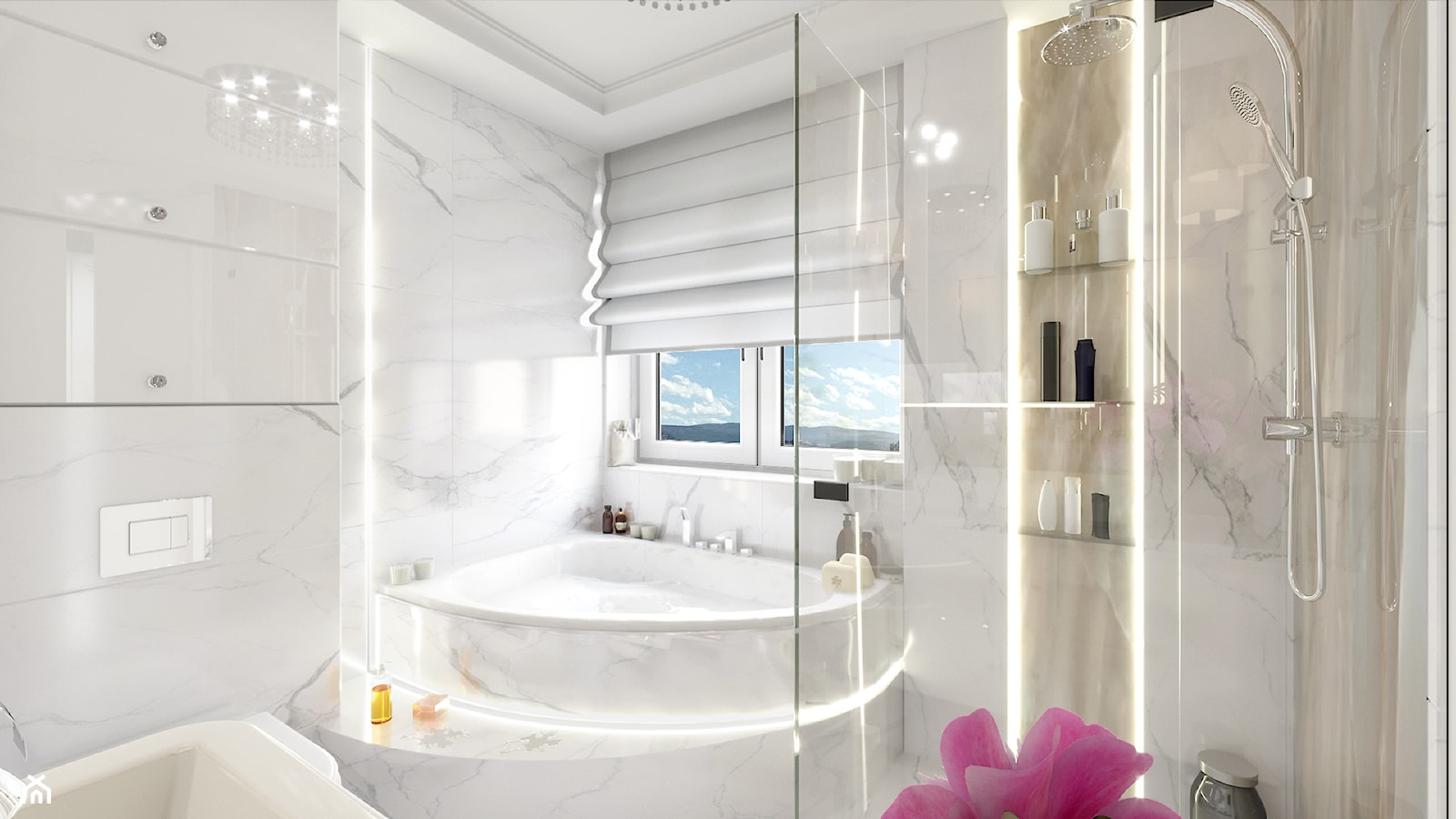 Średnia na poddaszu z marmurową podłogą łazienka z oknem - zdjęcie od iProjektowanieWnętrz - Homebook