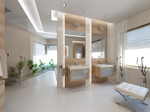 Średnia na poddaszu z dwoma umywalkami z punktowym oświetleniem łazienka z oknem, styl tradycyjny - zdjęcie od iProjektowanieWnętrz