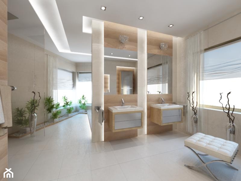 Średnia na poddaszu z dwoma umywalkami z punktowym oświetleniem łazienka z oknem, styl tradycyjny - zdjęcie od iProjektowanieWnętrz