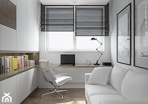 Małe w osobnym pomieszczeniu z sofą z zabudowanym biurkiem białe biuro - zdjęcie od iProjektowanieWnętrz