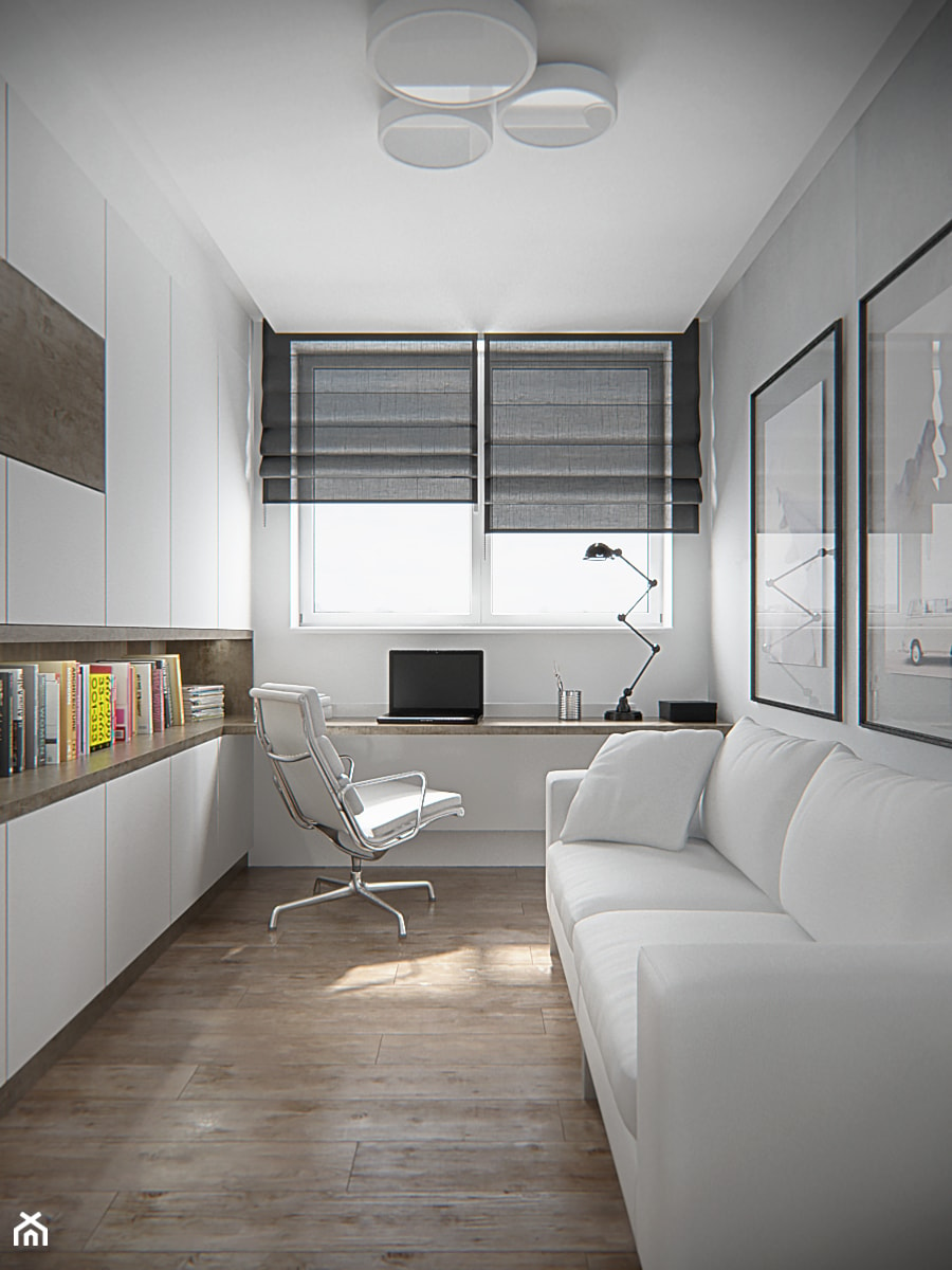 Małe w osobnym pomieszczeniu z sofą z zabudowanym biurkiem białe biuro - zdjęcie od iProjektowanieWnętrz