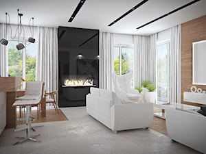 Średni biały salon z jadalnią z tarasem / balkonem, styl nowoczesny - zdjęcie od iProjektowanieWnętrz