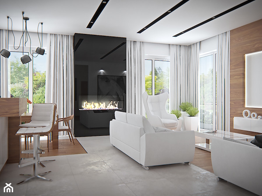 Średni biały salon z jadalnią z tarasem / balkonem, styl nowoczesny - zdjęcie od iProjektowanieWnętrz