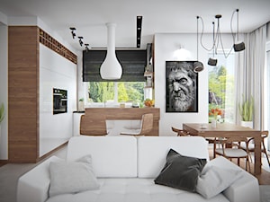 Biały salon z kuchnią z jadalnią z tarasem / balkonem, styl nowoczesny - zdjęcie od iProjektowanieWnętrz