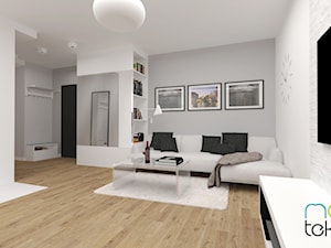 Mieszkanie 45m2 - Średni biały szary salon z bibiloteczką, styl nowoczesny - zdjęcie od MONOTEKTURA