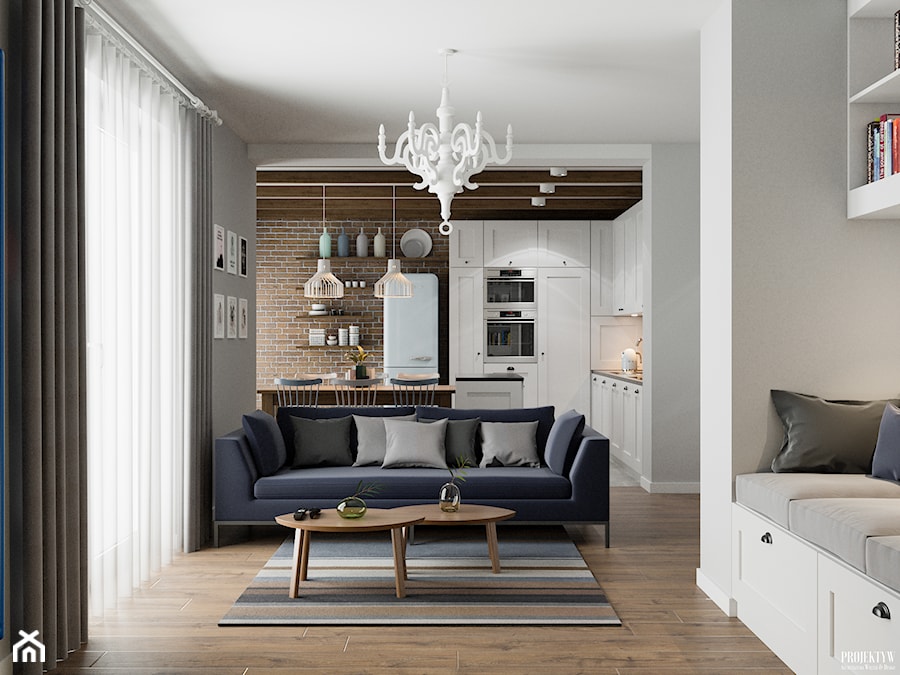 Projekt wnętrz domu jednorodzinnego w Krakowie - Średni biały salon z kuchnią z jadalnią, styl skandynawski - zdjęcie od PRØJEKTYW | Architektura Wnętrz & Design