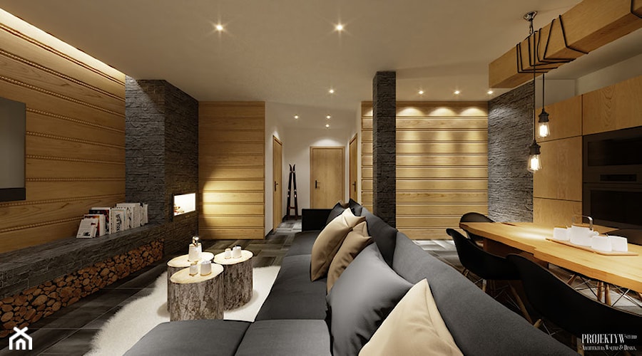 Apartament 47m2. Zakopane - Średni szary salon z jadalnią, styl nowoczesny - zdjęcie od PRØJEKTYW | Architektura Wnętrz & Design