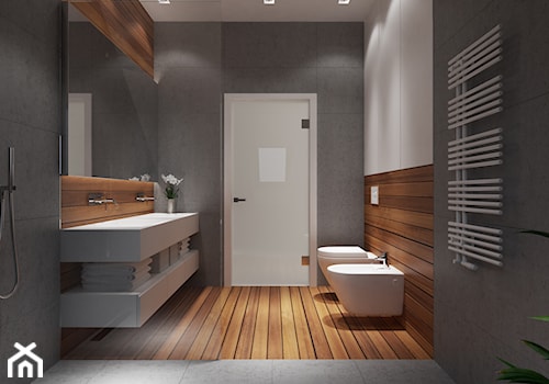 Projekt wnętrz 58m2. Pleśna - Średnia bez okna z dwoma umywalkami łazienka, styl nowoczesny - zdjęcie od PRØJEKTYW | Architektura Wnętrz & Design