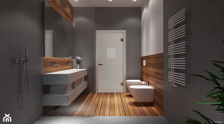 Projekt wnętrz 58m2. Pleśna - Średnia bez okna z dwoma umywalkami łazienka, styl nowoczesny - zdjęcie od PRØJEKTYW | Architektura Wnętrz & Design