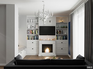 Projekt wnętrz domu jednorodzinnego w Krakowie - Mały biały salon z bibiloteczką, styl skandynawski - zdjęcie od PRØJEKTYW | Architektura Wnętrz & Design