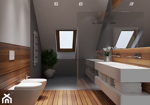 Projekt wnętrz 58m2. Pleśna - Średnia na poddaszu z dwoma umywalkami łazienka z oknem, styl nowoczesny - zdjęcie od PRØJEKTYW | Architektura Wnętrz & Design