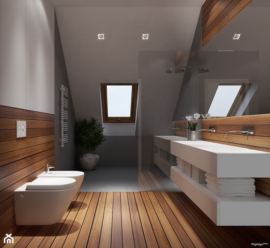 Projekt wnętrz 58m2. Pleśna - Średnia na poddaszu z dwoma umywalkami łazienka z oknem, styl nowocze ... - zdjęcie od PRØJEKTYW | Architektura Wnętrz & Design