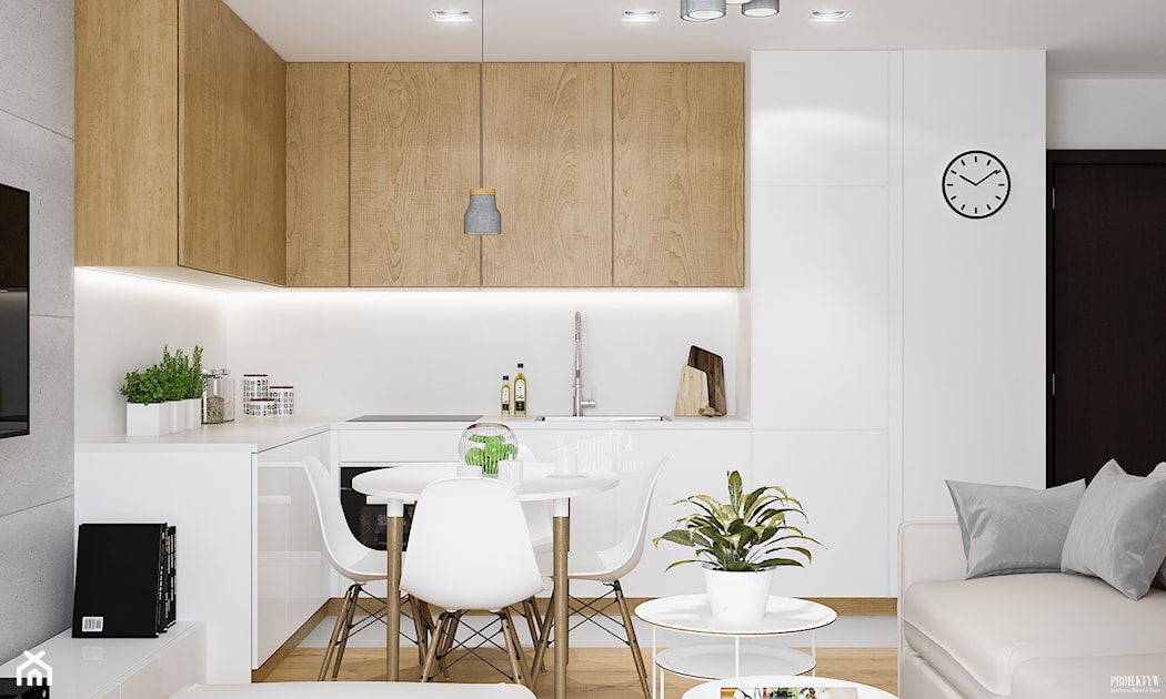 белая кухня с деревянной мебелью