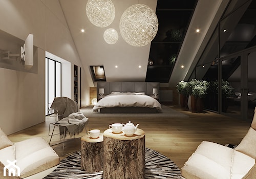 Projekt wnętrz 58m2. Pleśna - Średnia duża sypialnia na poddaszu, styl nowoczesny - zdjęcie od PRØJEKTYW | Architektura Wnętrz & Design
