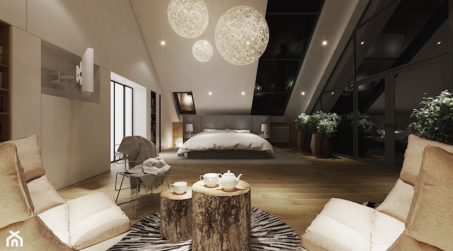 Projekt wnętrz 58m2. Pleśna - Średnia duża sypialnia na poddaszu, styl nowoczesny - zdjęcie od PRØJEKTYW | Architektura Wnętrz & Design