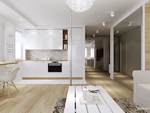 mieszkanie 34m2, Kraków Przewóz - Mały biały salon z kuchnią z jadalnią, styl nowoczesny - zdjęcie od PRØJEKTYW | Architektura Wnętrz & Design