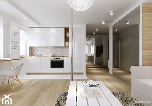 mieszkanie 34m2, Kraków Przewóz - Mały biały salon z kuchnią z jadalnią, styl nowoczesny - zdjęcie od PRØJEKTYW | Architektura Wnętrz & Design