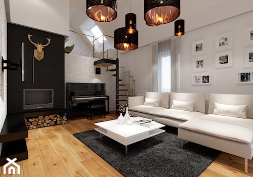 Projekt metamorfozy wnętrz wielopokoleniowego domu w Krynicy Zdrój - Średni biały czarny salon, styl nowoczesny - zdjęcie od PRØJEKTYW | Architektura Wnętrz & Design