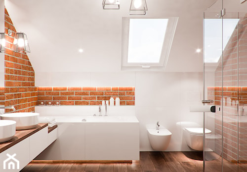 Projekty Łazienek. Wrocław - Średnia na poddaszu z dwoma umywalkami łazienka z oknem, styl nowoczesny - zdjęcie od PRØJEKTYW | Architektura Wnętrz & Design