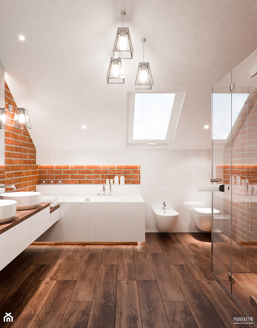 Projekty Łazienek. Wrocław - Średnia na poddaszu z dwoma umywalkami łazienka z oknem, styl nowoczesny - zdjęcie od PRØJEKTYW | Architektura Wnętrz & Design