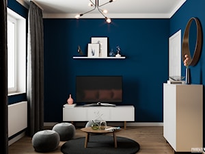 Projekt wnętrz domu jednorodzinnego w Krakowie - Mały niebieski salon, styl skandynawski - zdjęcie od PRØJEKTYW | Architektura Wnętrz & Design