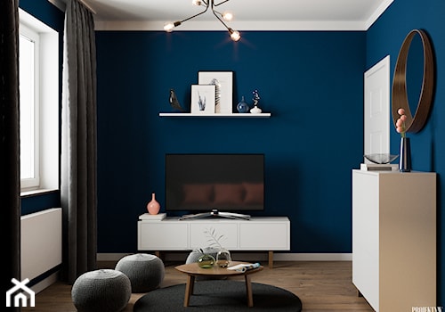 Projekt wnętrz domu jednorodzinnego w Krakowie - Mały niebieski salon, styl skandynawski - zdjęcie od PRØJEKTYW | Architektura Wnętrz & Design