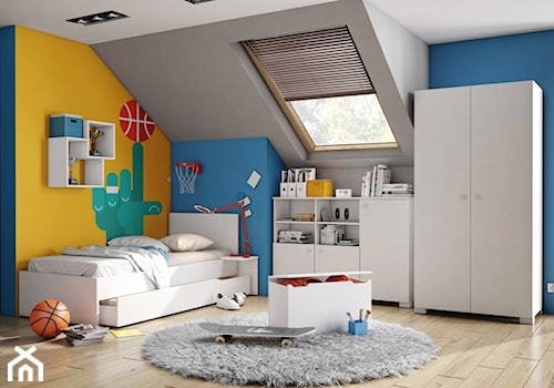 Kolekcje młodzieżowe - Średni szary niebieski żółty pokój dziecka dla nastolatka dla chłopca, styl nowoczesny - zdjęcie od Meblik - meble dla dzieci i młodzieży oraz darmowy projekt pokoju
