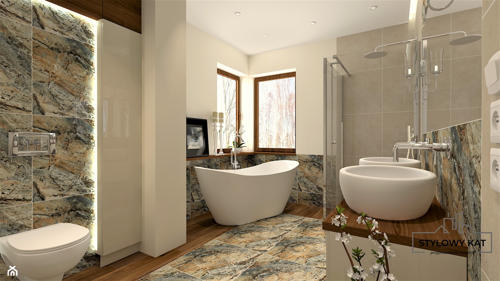 Średnia bez okna z lustrem z dwoma umywalkami z punktowym oświetleniem łazienka - zdjęcie od Stylowy Kąt - Homebook